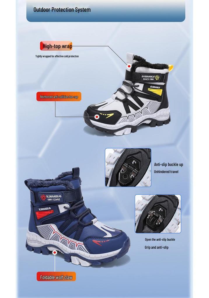 Kids' Winter Snow Boots with Velvet Lining, Ages 6-12, Outdoor Skiing, Warm & Cold-Proof Cotton Boots for Boys