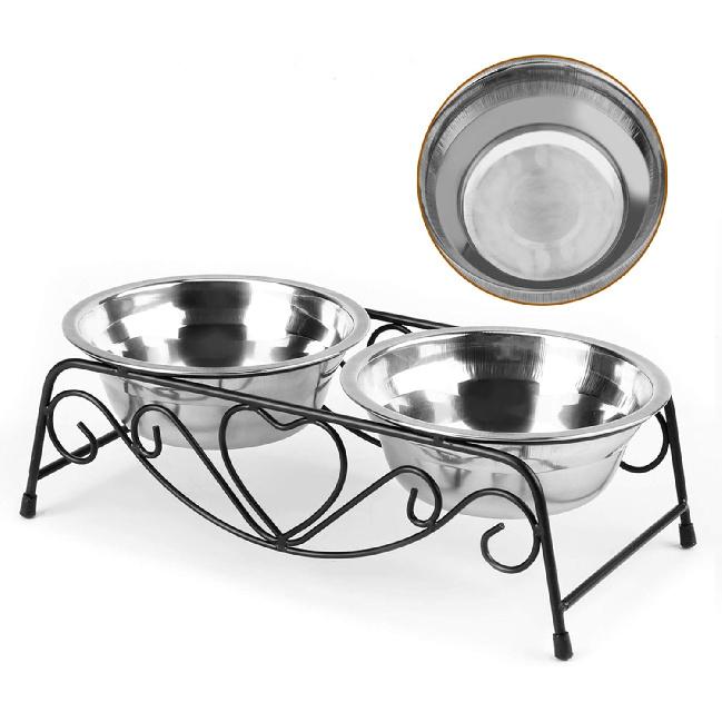 Pet Bowl, Stainless Steel Double Cat Dog Waterer Bowls Elevated Dog Feeder Pet Food Water Bowls with Retro Iron Stand Double Diner Feeder Bowls