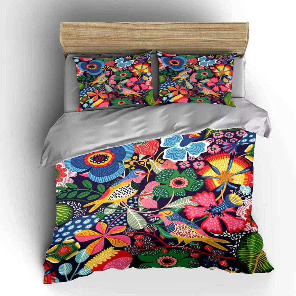 Colorful Floral And Bird Design Set Exquisite Three-Piece Bedding Set Gift For Kids And Adults