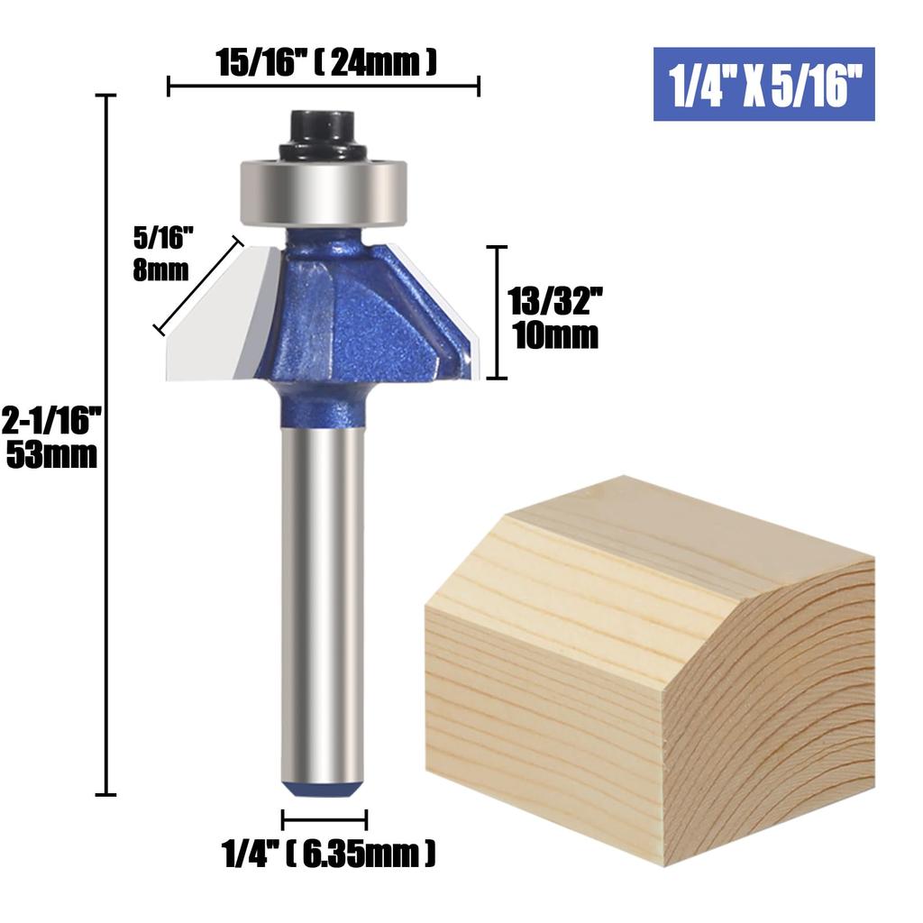 Vearter Trimmer Chamfer Solid Carbide Corner Router Bevel Milling Bevel Chamfering Cutting DIY Woodworking Router Bit for Electric Trimmers 4-Piece