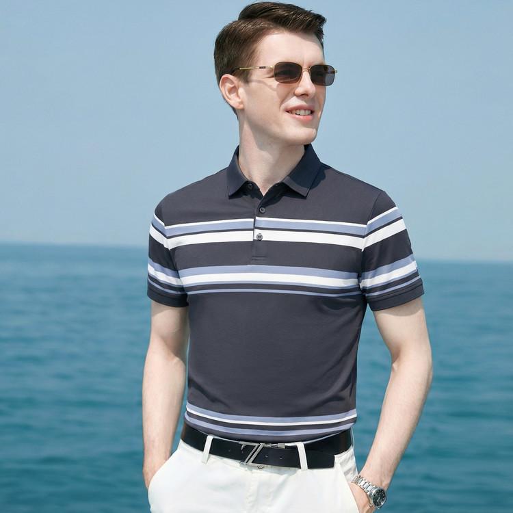 Summer Classic Striped Business Casual Silk Slippery Cool Drop Short Sleeve Polo Shirt with Mulberry Silk