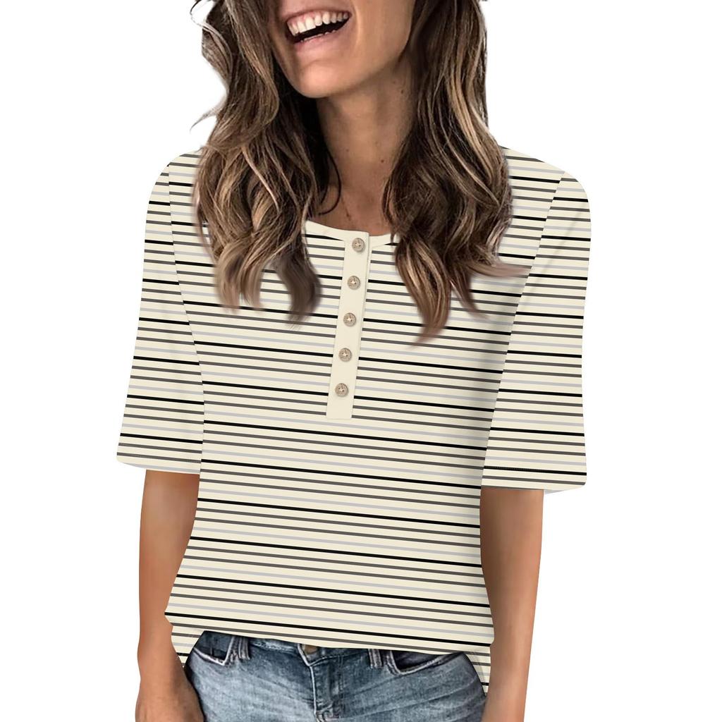 Shirts For Women Trendy Round Neck Button T Shirts Printed  Blouse Half Sleeve Tops For Women