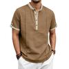 Men Mandarin Collar 3 Button Half Placket Contrast Trim Short Sleeve Shirt With Adjustable Cuff