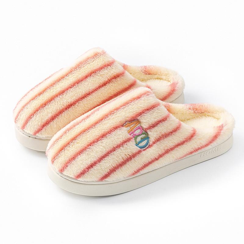 Cotton Slippers Women's Autumn and Winter Indoor Home Non-slip Thick Bottom Couple Style Velvet Warm Color Striped Cotton Drag Men
