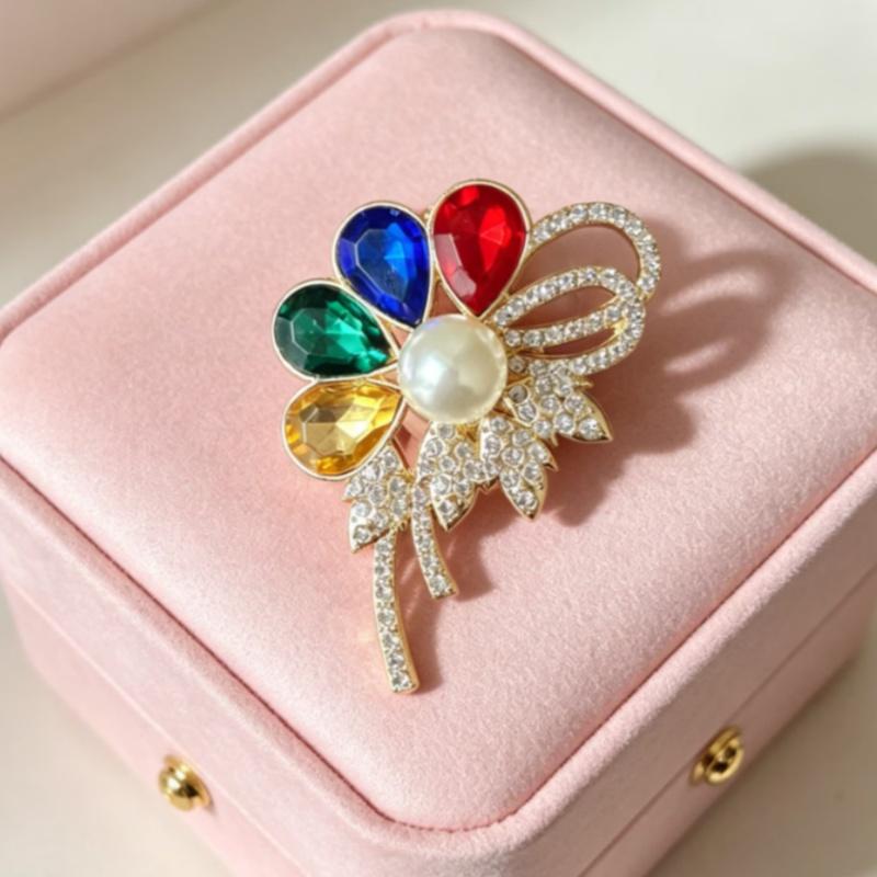 Women's Flower Brooch with Colorful Rhinestones and Elegant Plant Design for Parties