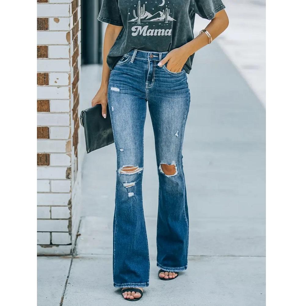 

Женские джинсы из денима с высокой талией, ретро-стиль, варёные, с рваными дырами, клёш, повседневные джинсы для женщин L темно-синий