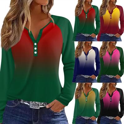 Women's T Shirt Print Button Long Sleeve Daily Weekend Fashion Basic V- Neck Regular Top