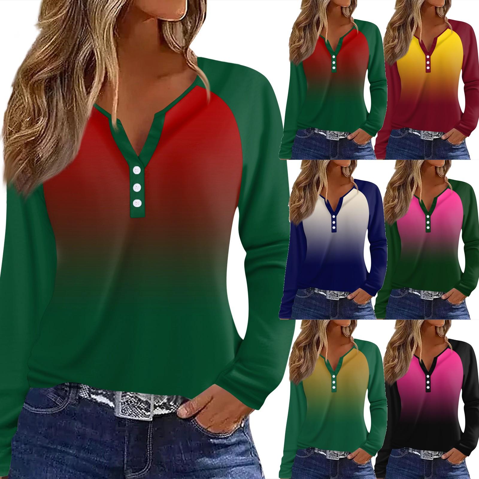 

Женская футболка с принтом, на пуговицах, с длинным рукавом, повседневная, для выходных, модная, базовая, с V-образным вырезом, обычный топ L чёрный