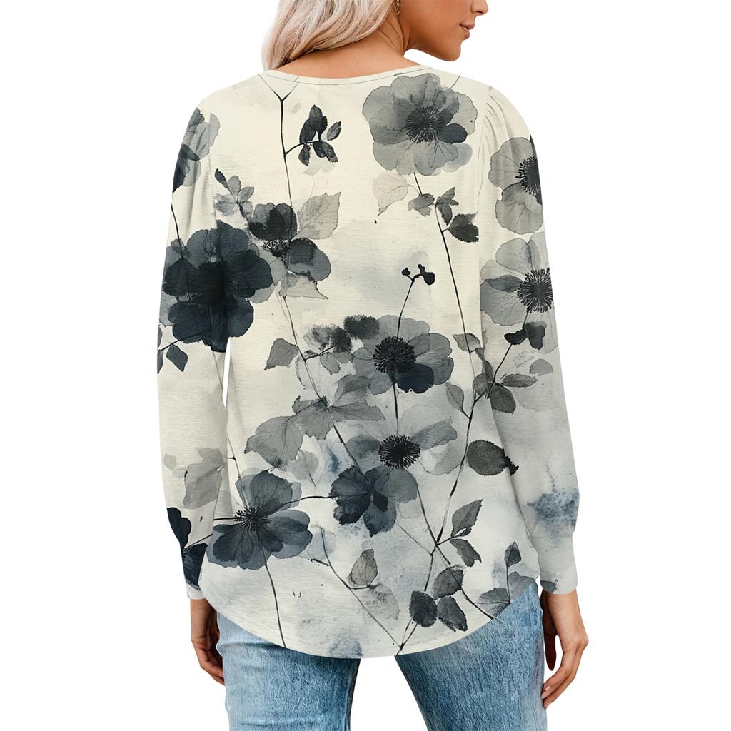 Damenmode Lässig Plissiert Rundhals Vintage Blumendruck Langarm T-Shirt Top