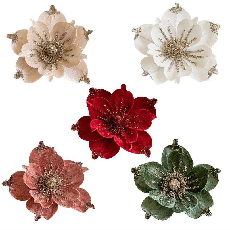 ABWR-5PCS Glitter Flower Artificial Christmas Flowers Hanging Xmas Home Weddingparty Tree Decoration