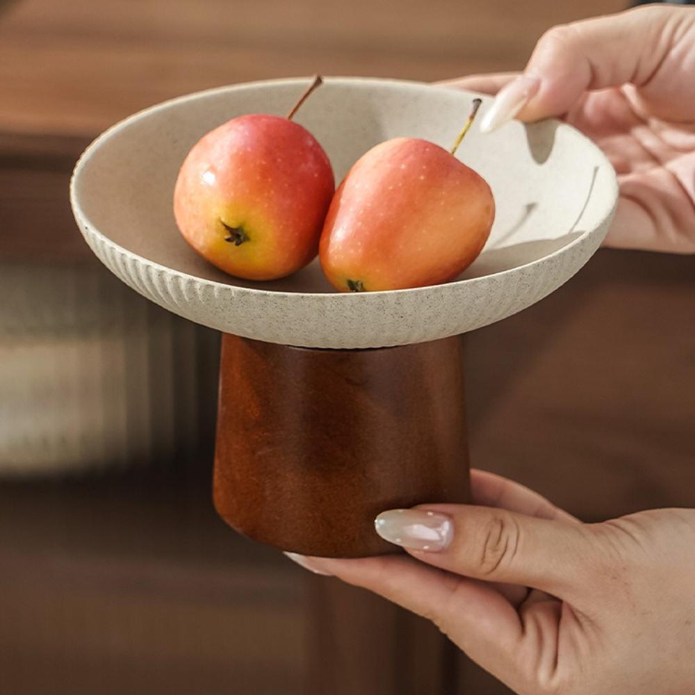 Grovkeramik Keramik Dim Sum-tallrik med Trähög Fot Hushållskök Zen-stil Hög Fot Dim Sum-tallrik Snacksfat Brickor