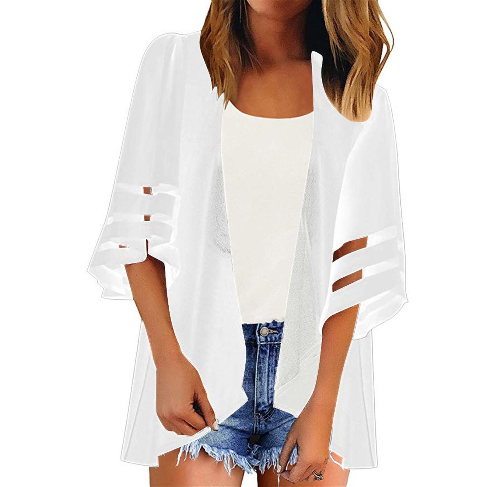 

Женский сетчатый кардиган с рукавами-колокольчиками 3/4, однотонный шифоновый повседневный свободный кардиган-кимоно XXXL белый