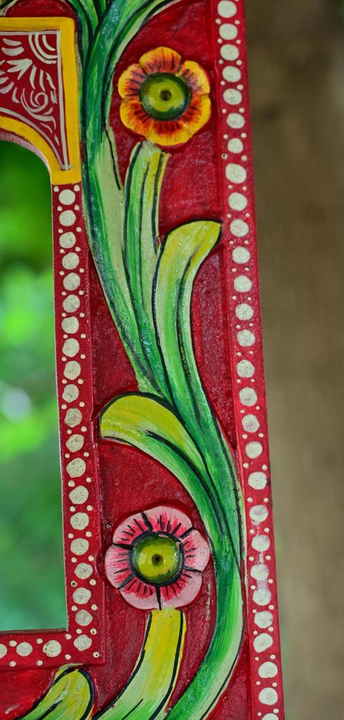 Hand Carved Wooden Jharokha Wall Decor: Bright Painted Flower Design Indian Frame