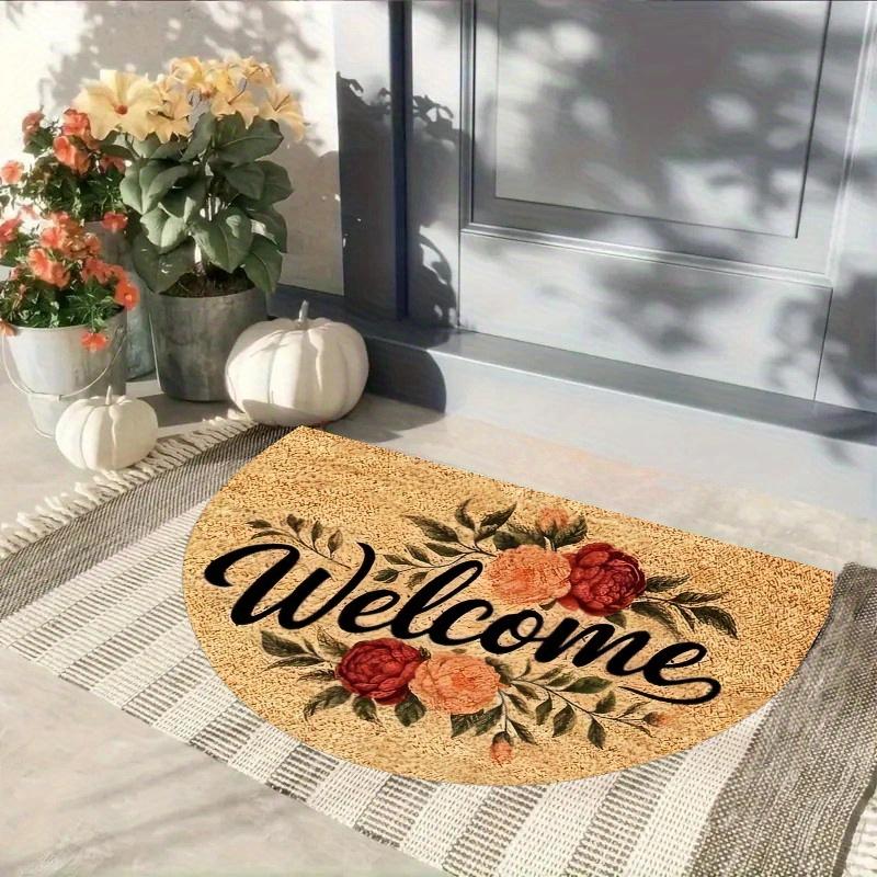 Welcome Floral Doormat Easy To Clean Machine Washable Semi-Circular Entrance Mat Home Decor Rug