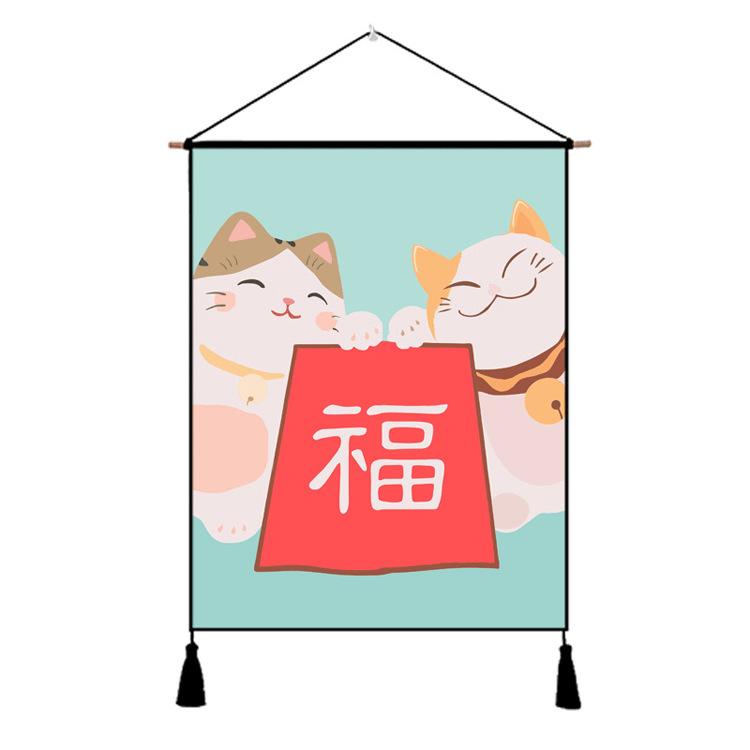 Japanese Lucky Cat Fabric Hanging Flag, Izakaya Hotel Home Wall Decor Banner