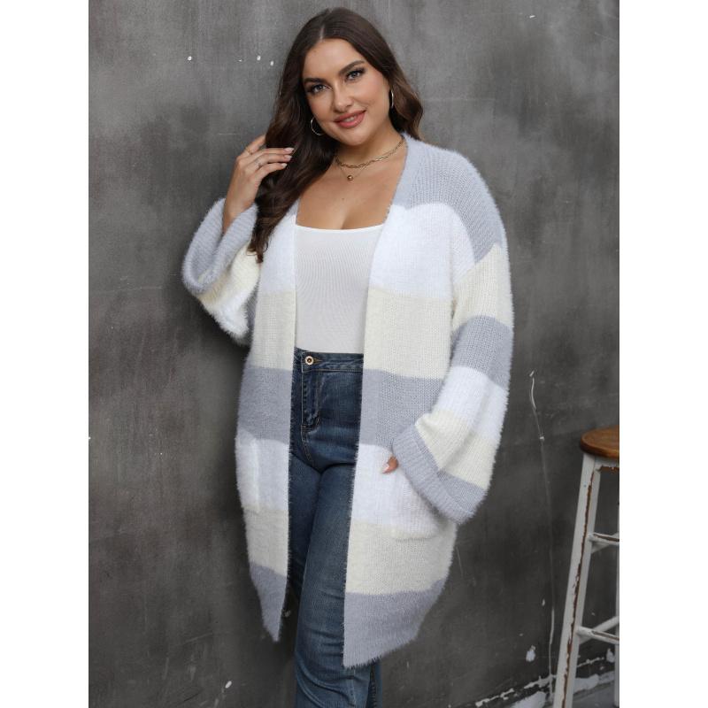 Women's Cardigan Plus Size Color Block Patchwork Woven Sweater Double Pocket Striped Sweater Coat