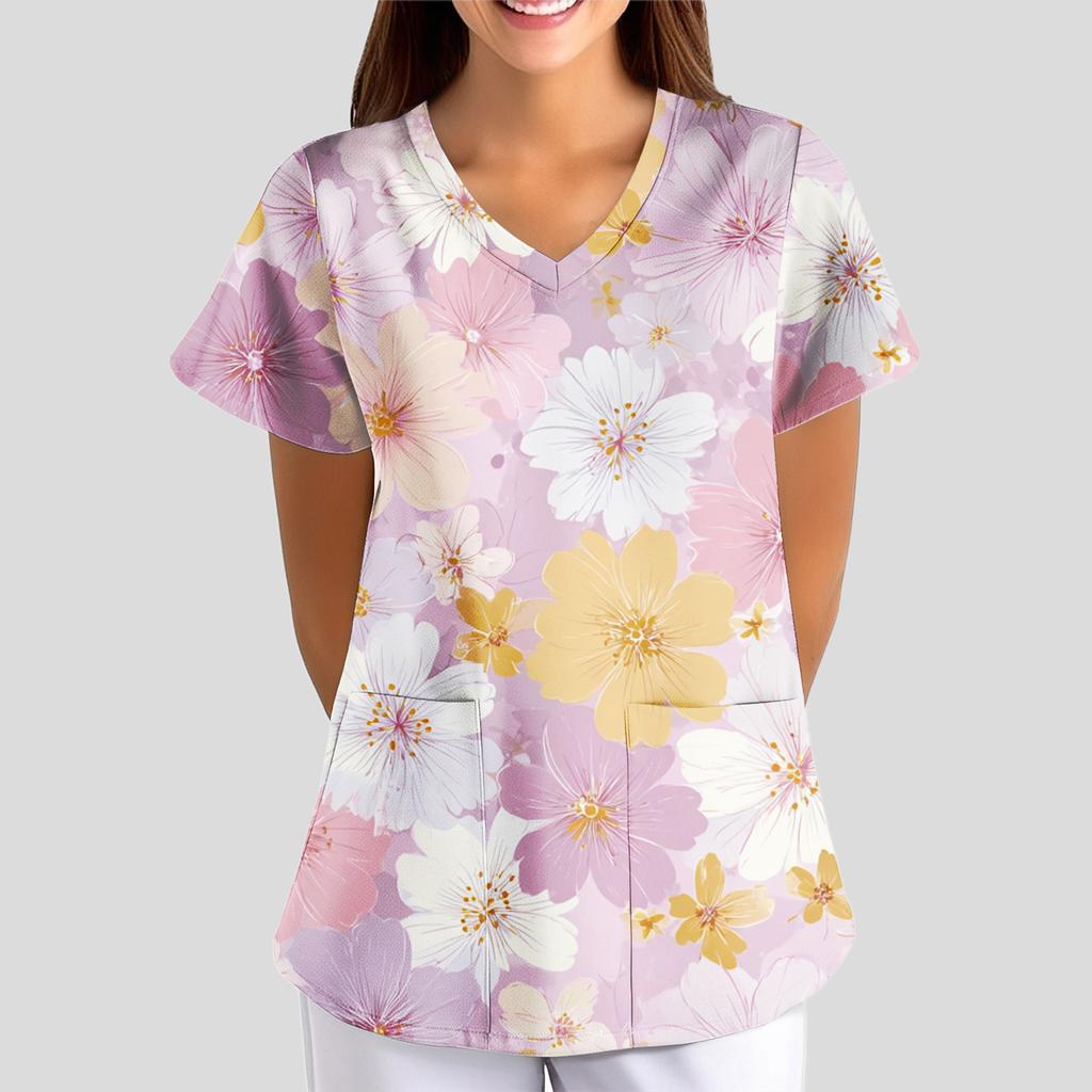 Women's Floral Print Loose V-neck Short-sleeved Uniform/ Uniform