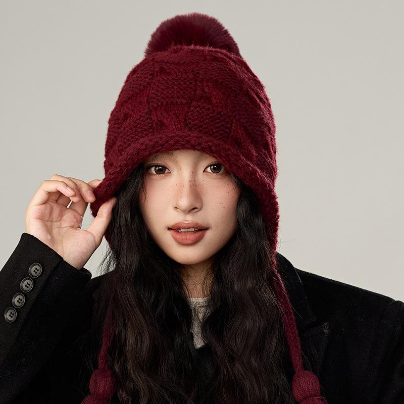 Winter Solid Color Fringed Hairball Knitted Hat Women's Wool Hat Fashion Ear Hat