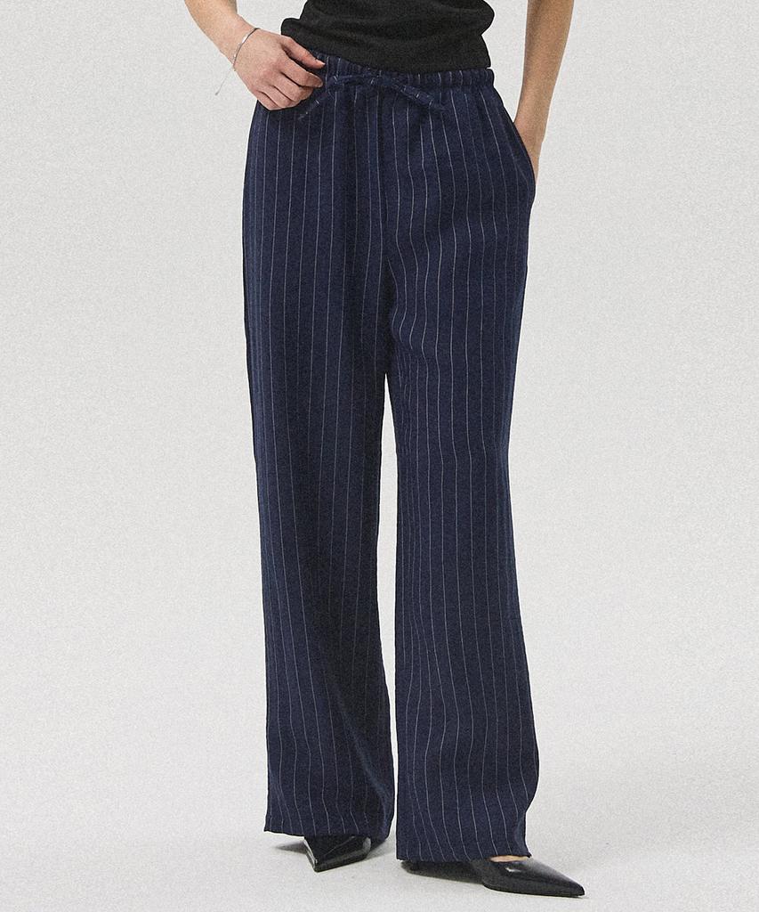 Aheule Sero Linen-Like Stripe Banding Wide Straight Pants_Navy