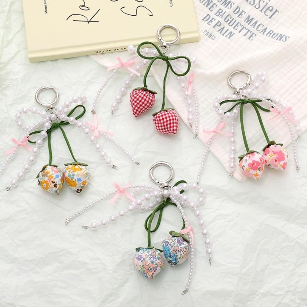 New Ribbon Pearl Strawberry Bow Keychain DIY Jewelry Style Mobile Phone Pendant Bag Charm Pendant Mobile Phone Chain