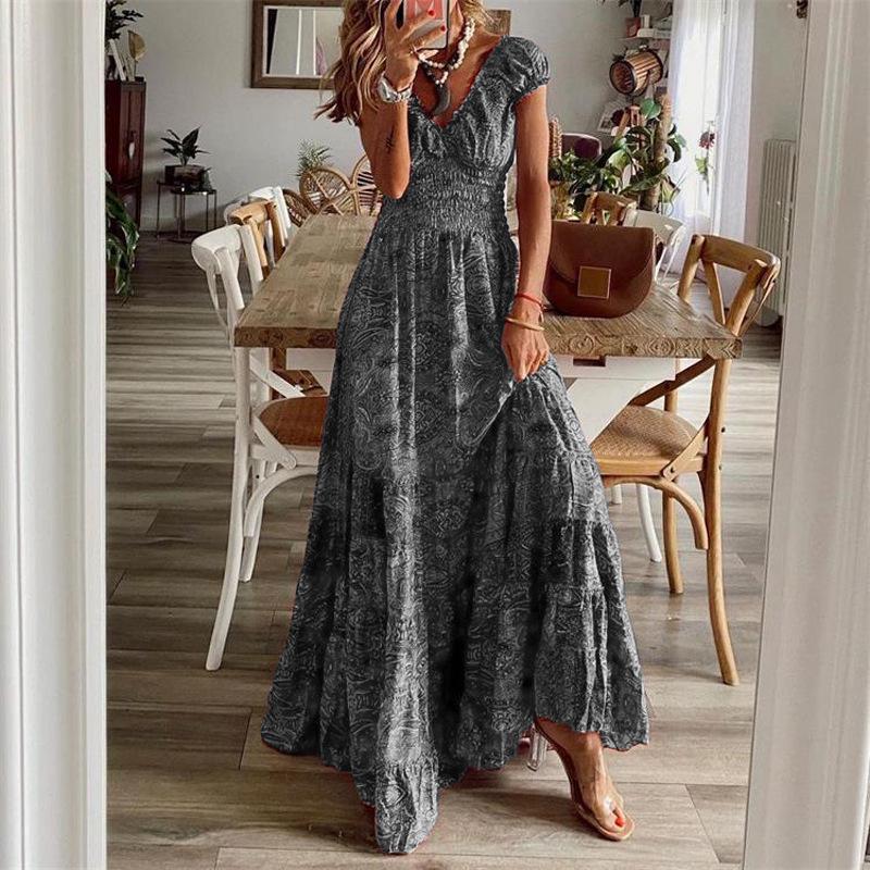 Bohemian V-Neck Maxi Dress with Cinched Waist and Retro Print
