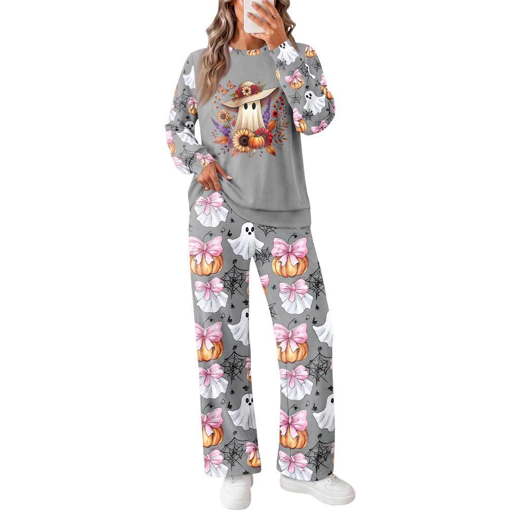 Women's Halloween Print Hoodie and Jogger Pants Set, Round Neck Loose Fit Casual Sweatsuit
