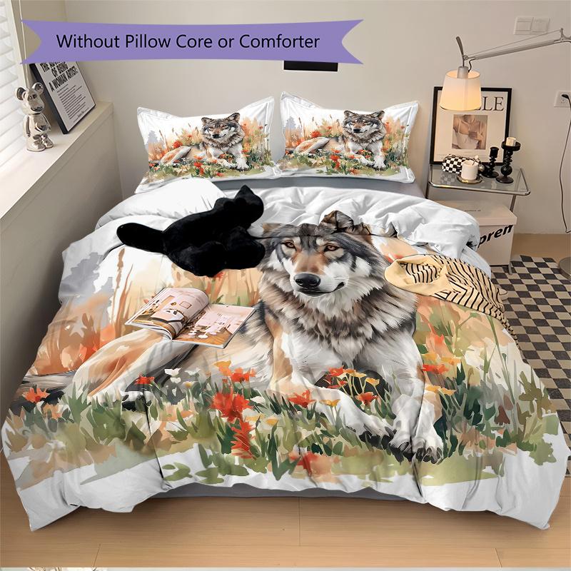 3pcs Wild Wolf amidst Autumnal Wildflowers Print Bedding Set (1 Cover + 2 Pillowcases, Without Inserts), This Printed Bedding Set is Soft and Com