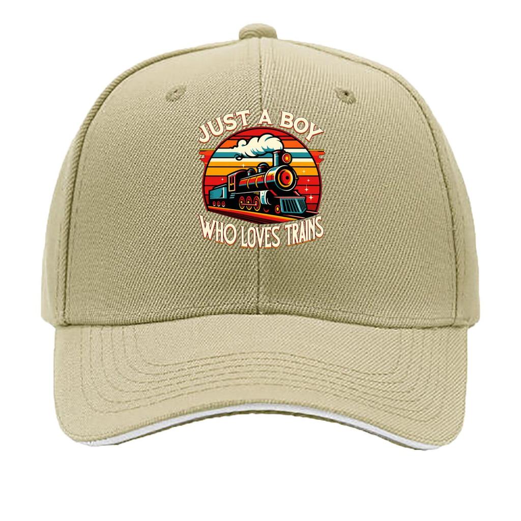 Just A Boy Who Loves Trains Vintage Steam Locomotive Sandwich Baseball Cap Unisex Women Sun Cap Outdoor Workouts Hat