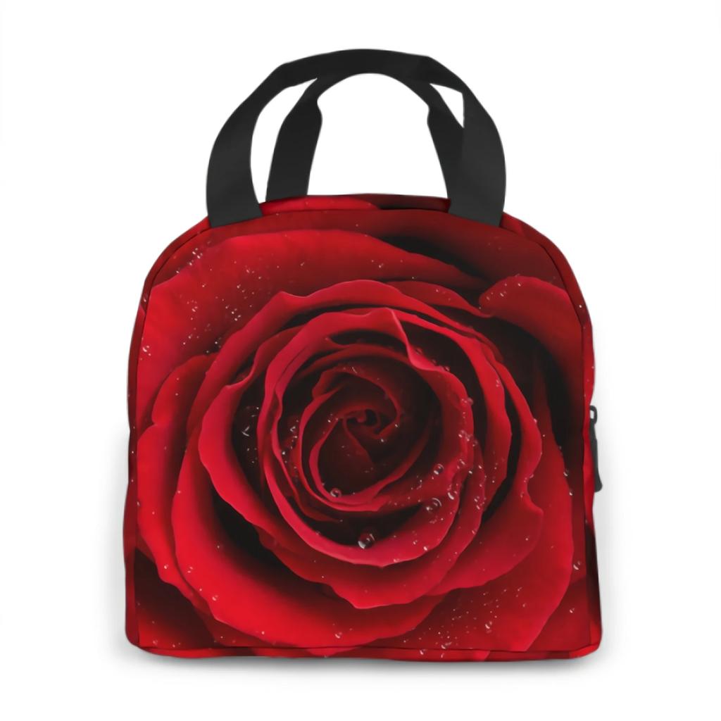 Red Rose Flower with Raindrop Valentine's Day Insulated Lunch Bag Lunch Box Containers for Women Men Office School Picnic