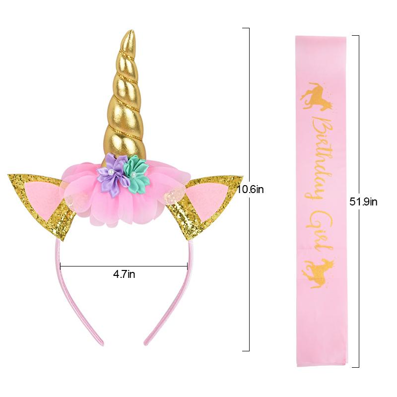 Unicorn Horn Headband Birthday Girl Sash Satin for Girl 1st Birthday Party Decoration Unicorn Theme Party Hair Band Baby Shower