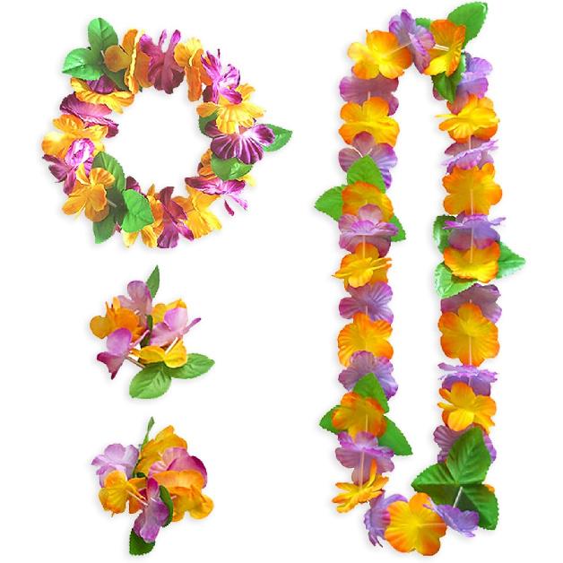 4 Pieces Hawaiian Leis Set Green Red Luau Leis Hawaiian Flowers Leaves Wreath Garland Tropical Floral Accessories for Hawaiian Luau Party Wedding