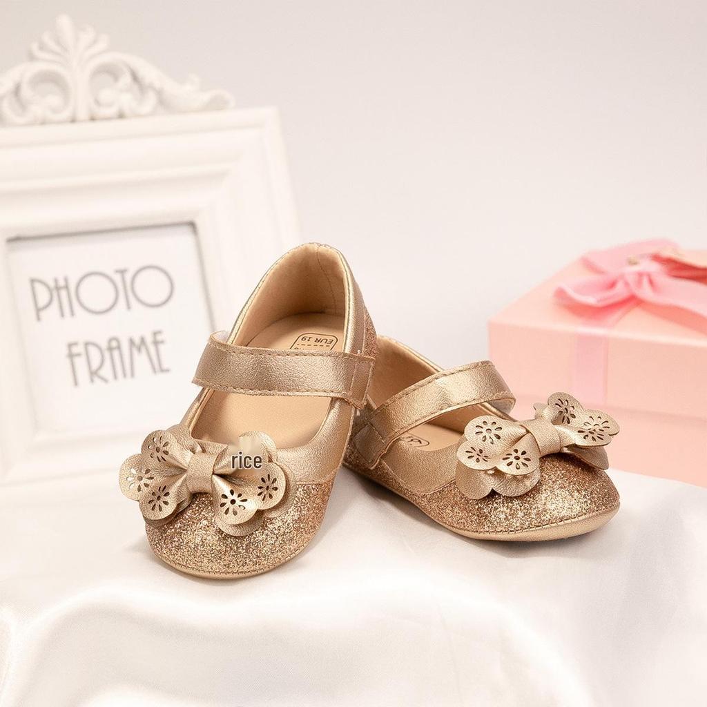 Gold Edge Sequin Bow Princess Toddler Shoes - Non-slip Soft Sole Baby Footwear