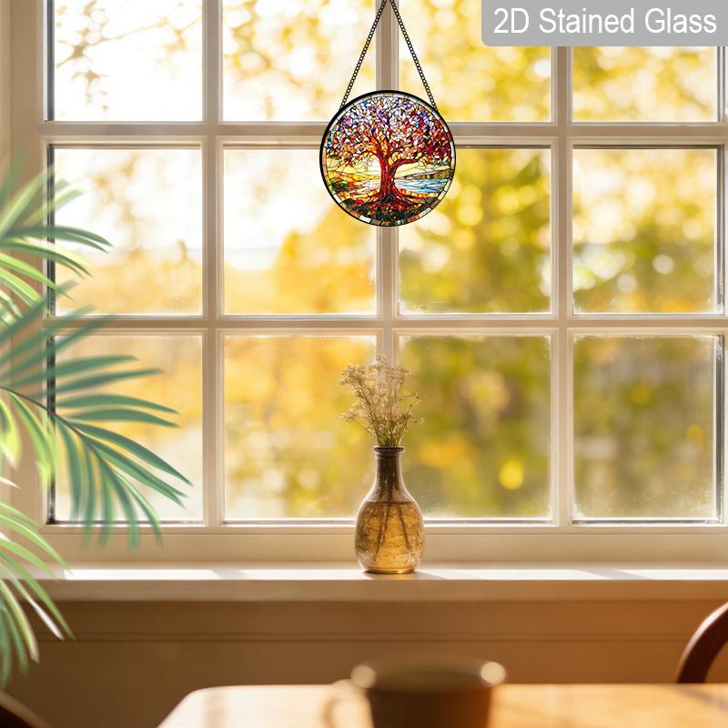 2D Flat Stained Glass Red Tree of Life Window Decoration, 7.87inches Lighting Colored Glass Plate with Chain, Charming Spring Summer Sun Catcher Home
