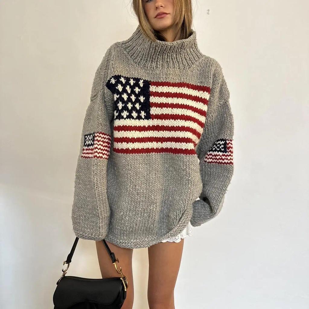Rapcopter Y2k Flag Print Swetry Luźne O Neck Długie Rękawy Swetry Jesień Zima Harajuku Casual Swetry Swetry Vintage Lata 90