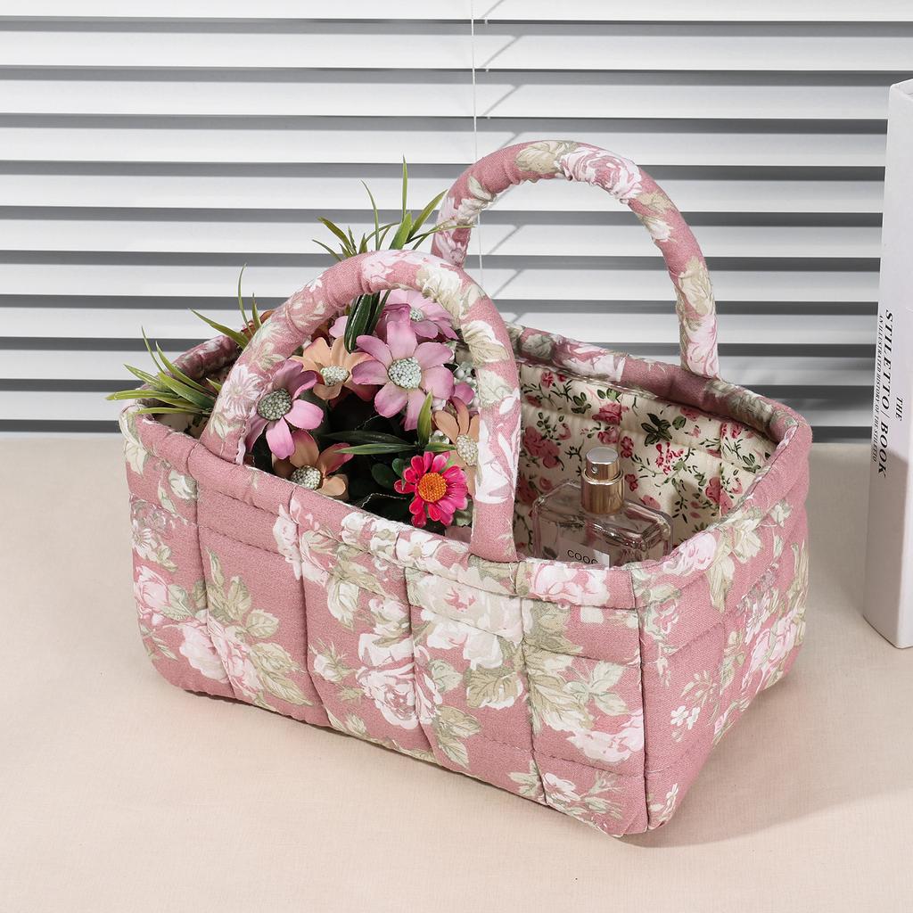 Collapsible Floral Laundry Hamper with Handles Pastoral Style Fabric Storage Basket for Small Apartment Dormitory Closet