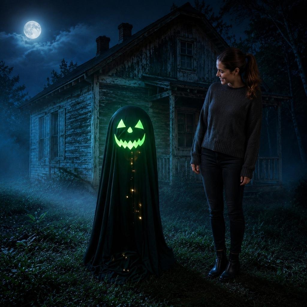 Adjustable Halloween Ghost Decoration with Luminous Face and Extendable Height for Indoor Outdoor Holiday Display 65 To 120cm Requires AA Batteries