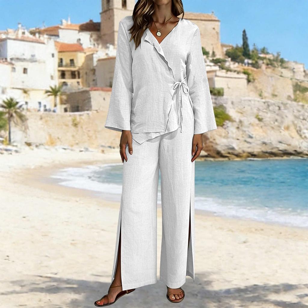 Women's Casual V-neck Long Sleeved Shirt Long Pants Two-piece Set