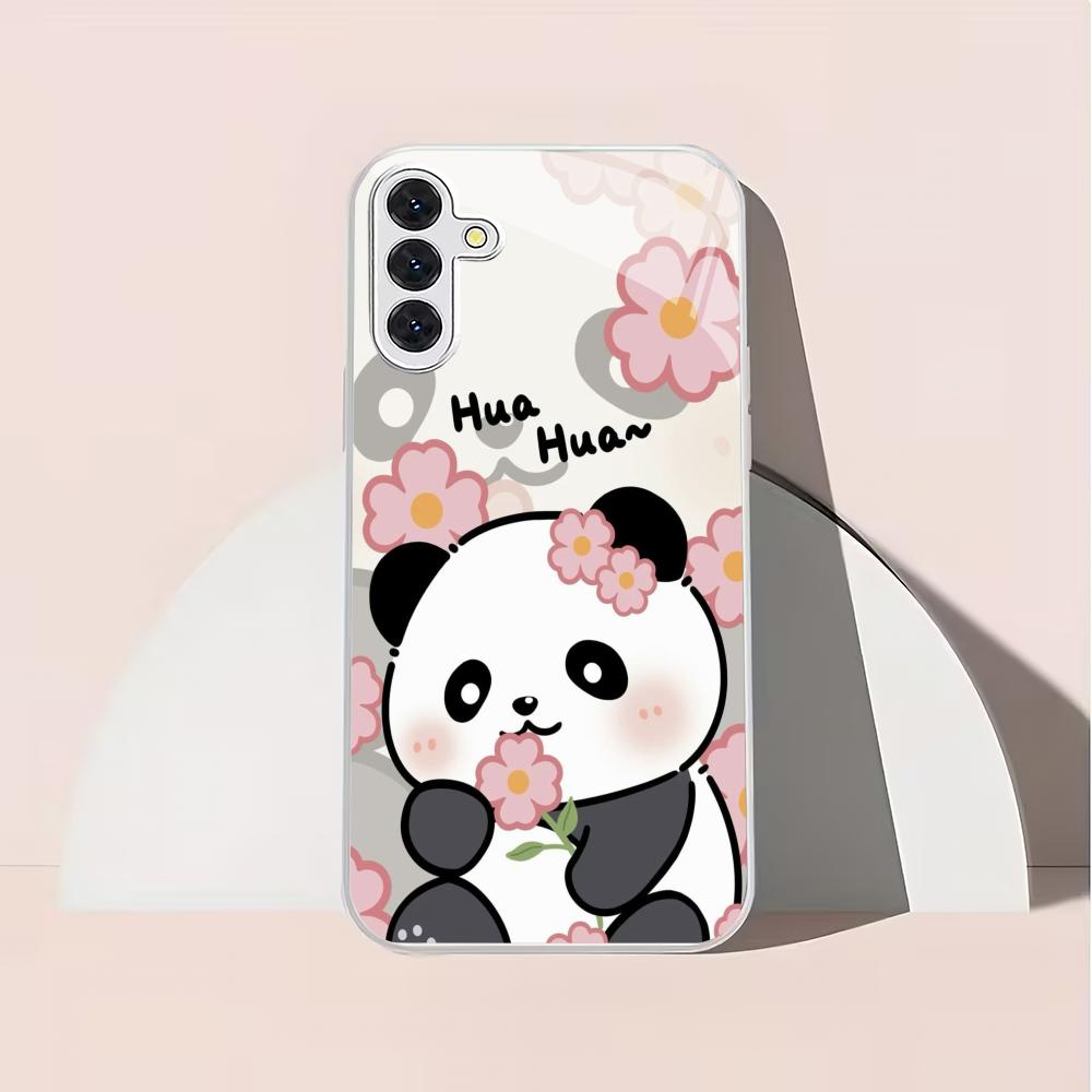 Cute Panda Silver Plated Glass Phone Case Suitable for Samsung Galaxy S26 S25 S24 S22 S21 S20 FE/Ultra/Plus Anti Drop Back Cover