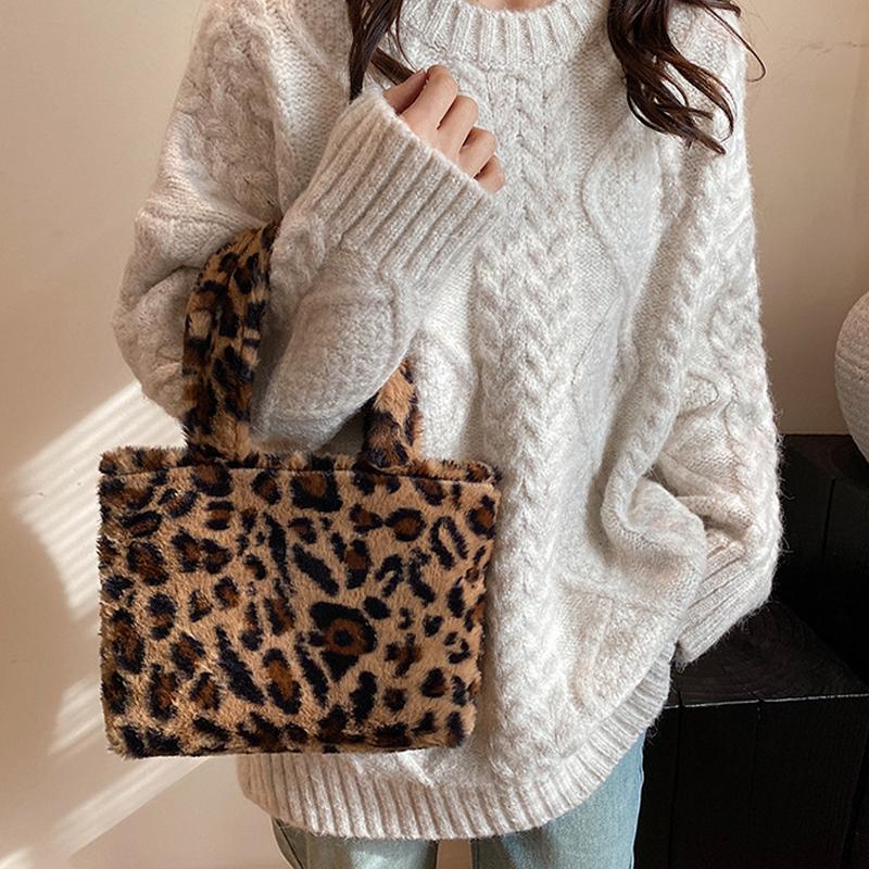 Leopard Print Plush Handbag Soft Fluffy Tote Bag Stylish Shoulder Bags for Women Daily Use Winter Plush Far Totes KTY