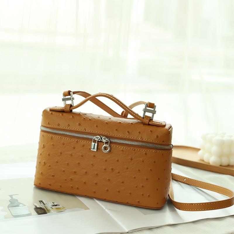 

LP19 Ostrich Print Leather Lunch Box & Makeup Bag: Handheld Lychee Pattern, Simple Shoulder & Crossbody Bag for Women. 19x7x14cm