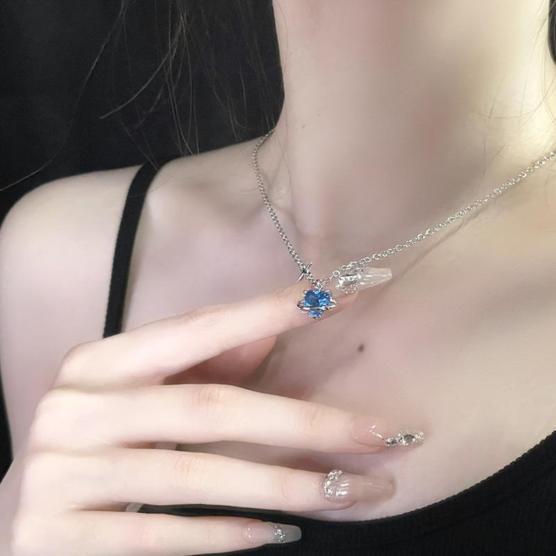 Blue Ocean Heart Necklace Star Personality Niche Design Sense Cold Wind Flash Diamond Clavicle Chain Female