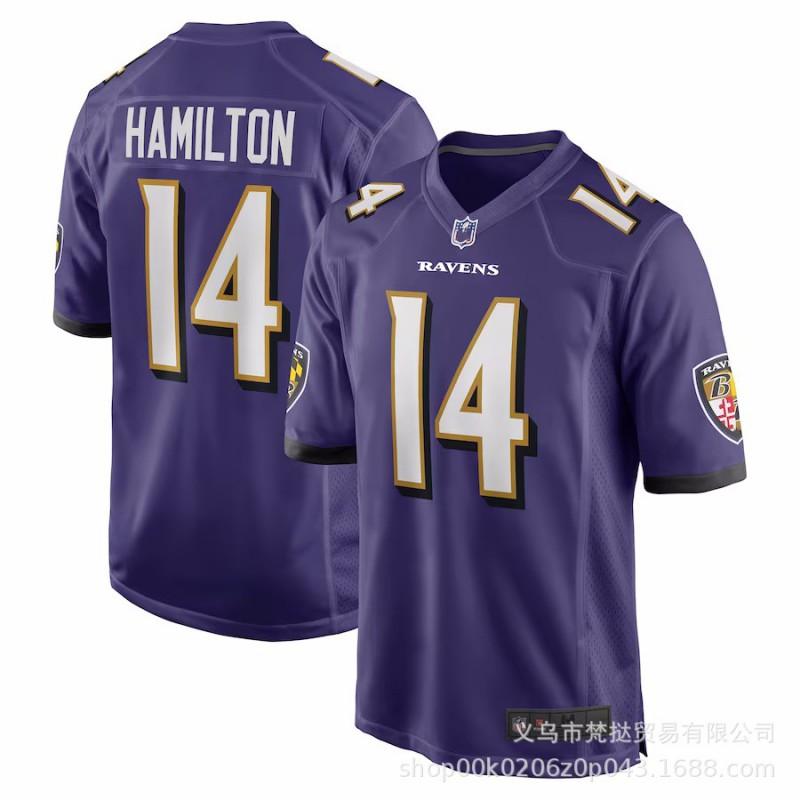 Camiseta NFL Baltimore Ravens para Hombre 8 Lamar Jackson 14 Marquise Brown Morado Blanco Negro Mezcla de Algodón Manga Corta Cuello en V Fanático del Deporte