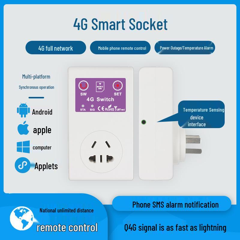 Smart 4G Socket for Water Pump & AC Control, 16A High-Power, Temperature API & App-Controlled