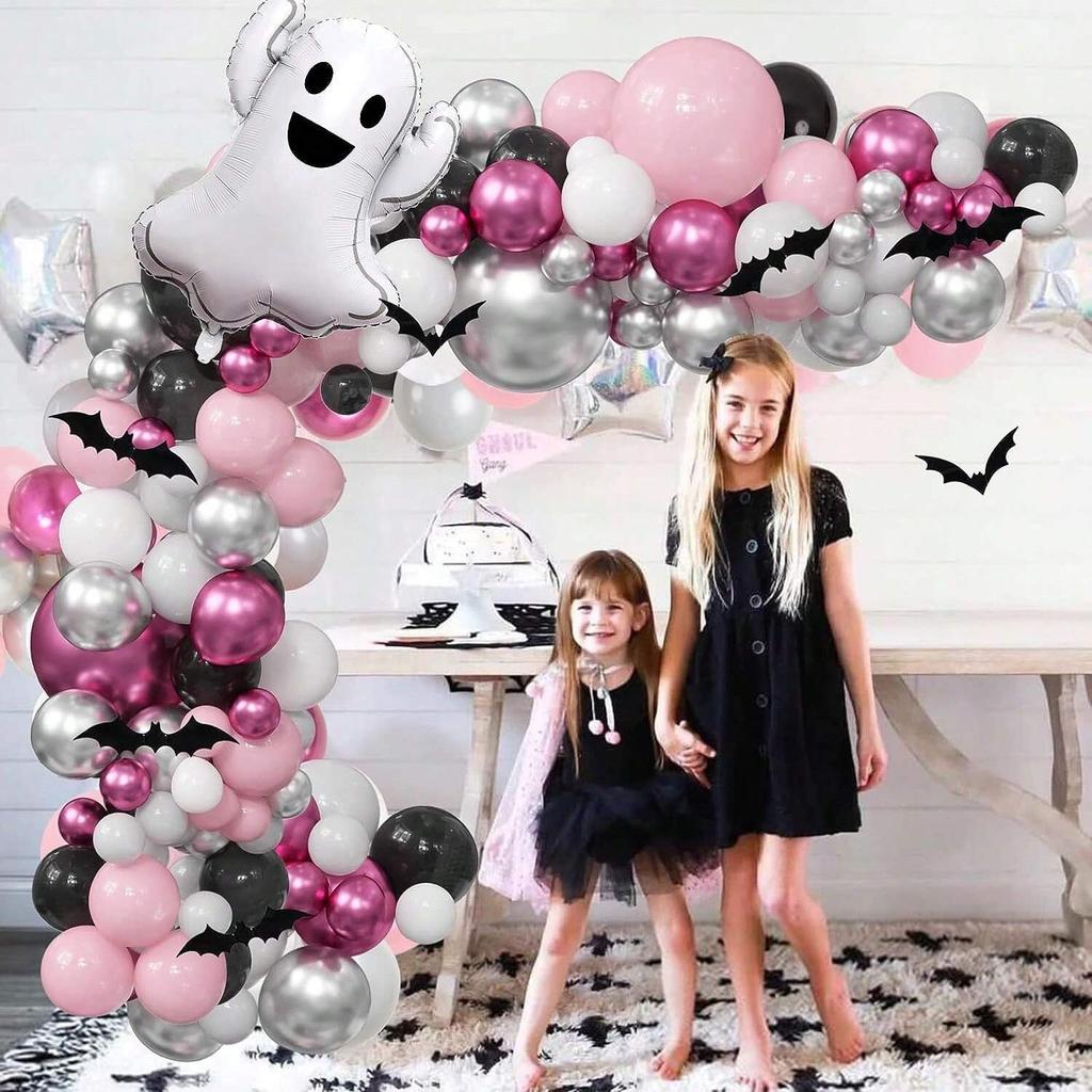 174pcs Girl Halloween Theme Party Balloon Wreath Set Pink Black Halloween Party Background Decoration
