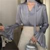 Blusa da donna primaverile a tinta unita dal design elegante, ampia, top delicato con volant