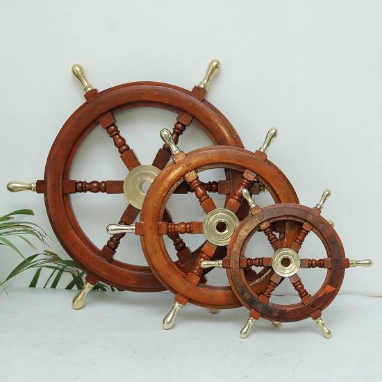 

Wooden Ship Wheel with Brass Handles Handmade Nautical Wall Décor, Coastal Beach House, Maritime Gift Set Of 3