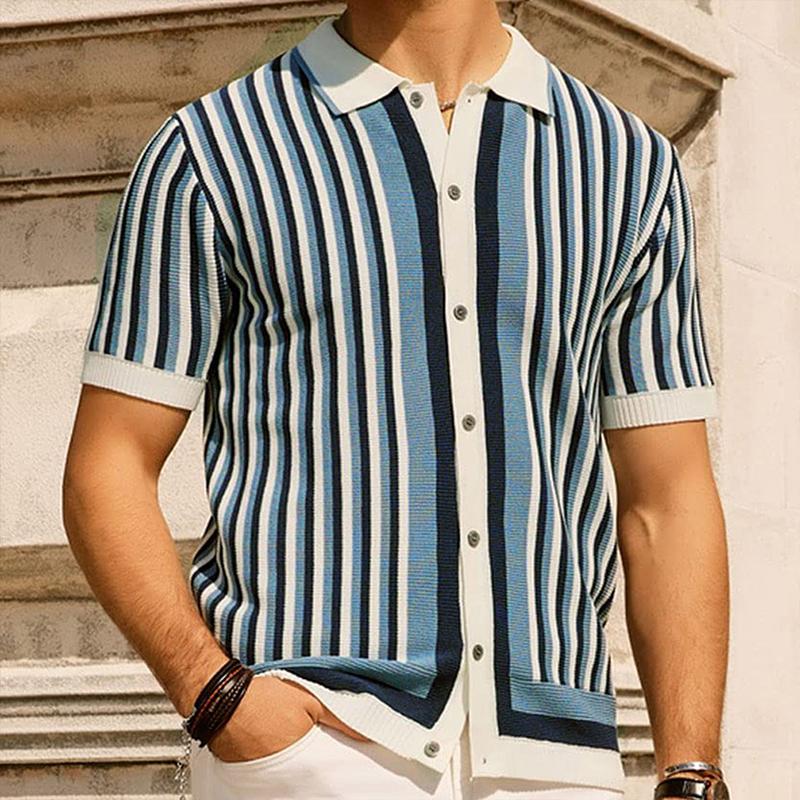 Men's Fashion Luxury Leisure Knit Polo Shirt Striped Button-down Short Sleeve Cardigan Casual Business Knitwear New Summer
