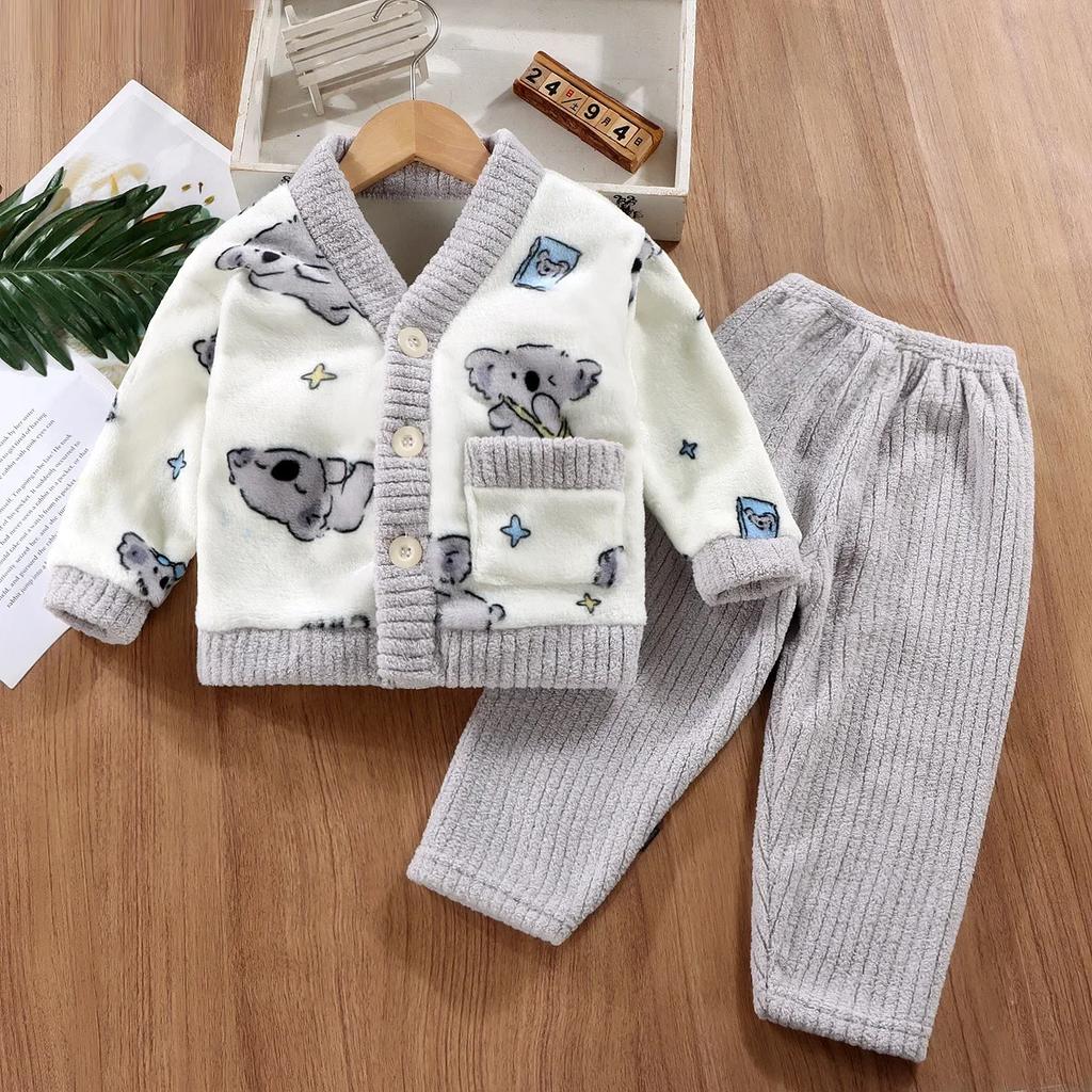 New Autumn Winter Kids Thicken Warm Pajamas Baby Cute Cartoon Soft Flannel Sleepwear Boys Girls Casual Clothing Sets Pyjamas