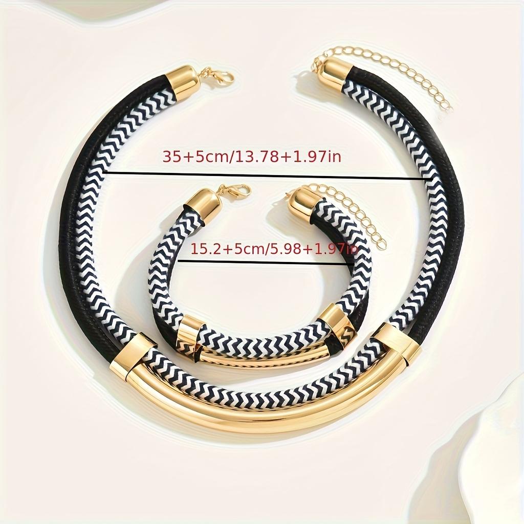 New Exaggerated Hip-Hop Style Necklace Bracelet Set for Daily Wear Fashion Black and White Thick Double Line Metal Jewelry Suit