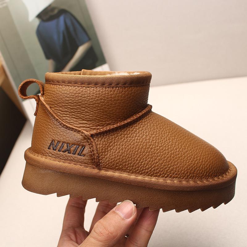 2025 Winter Genuine Leather Kids' Fleece-Lined Snow Boots - Warm, Thickened Short Boots for Boys and Girls